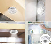 Collage of LED light fixtures in various settings, including under cabinets and inside a cabinet.
